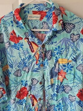 Caribbean Aqua Tropical Parrot & Floral Shirt